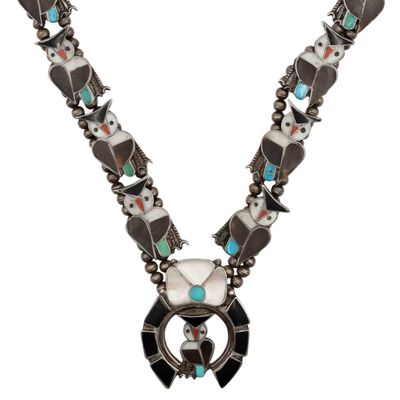 Signed Zuni Sterling Multi-Stone Inlay Owl Necklace