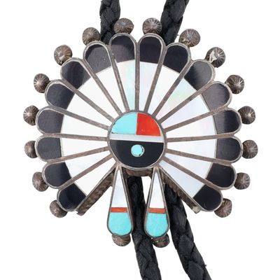 Vintage Zuni Sterling Multi-Stone Sunface Inlay Bolo Tie