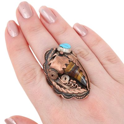 Running Bear Copper over Sterling Multi-Stone Claw Ring Sz 11