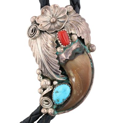 R. Bahe Navajo Sterling Turquoise Coral Claw Bolo Tie