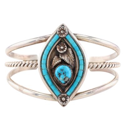 Vintage Signed Navajo Sterling Turquoise Cuff Bracelet