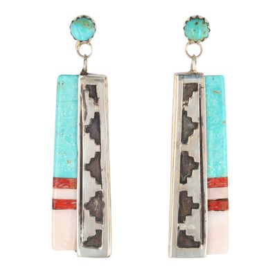 Eddie Johnson Navajo Sterling Multi-Stone Inlay Earrings