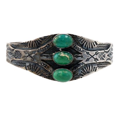 Vintage Fred Harvey Era Sterling Green Turquoise Stamped Cuff Bracelet