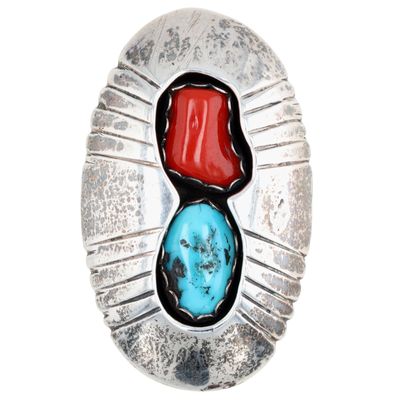 Vintage Navajo Sterling Turquoise Coral Shadow Box Ring Sz 7
