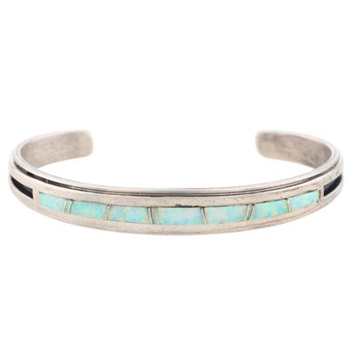Signed Navajo Sterling Opal Inlay Cuff Bracelet