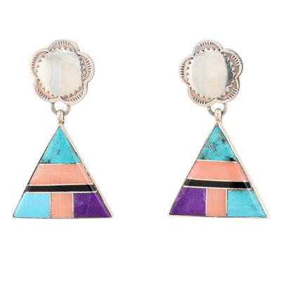 Signed Navajo Sterling Multi-Stone Inlay Dangle Earrings
