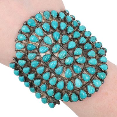 Davin Benally Navajo Sterling Kingman Turquoise Cluster Cuff Bracelet