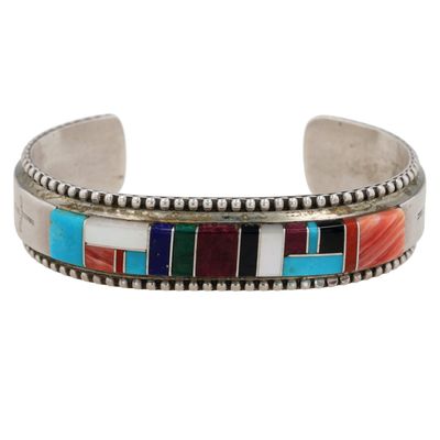 Signed Navajo Sterling Multi-Stone Inlay Cuff Bracelet