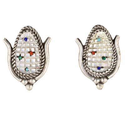 Tracy Bowekaty Zuni Sterling Mother of Pearl Carved Corn Earrings