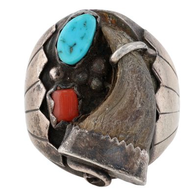 Signed Navajo Sterling Turquoise Coral Claw Ring Sz 10.5