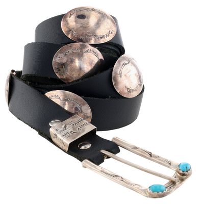 Signed Navajo Sterling Turquoise Stamped Concho Belt