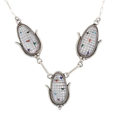 Tracy Bowekaty Zuni Sterling Mother of Pearl Carved Corn Necklace