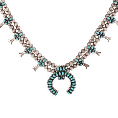 Vintage Zuni Sterling Turquoise Squash Blossom Necklace