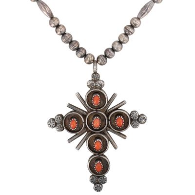Vintage Zuni Sterling Reversible Turquoise Coral Cross Necklace