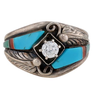 Wilber Yazzie Navajo Sterling Multi-Stone Inlay Ring Sz 13