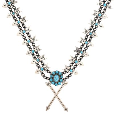 Bernita Begay Navajo Sterling Turquoise Crossed Arrow Bead Necklace
