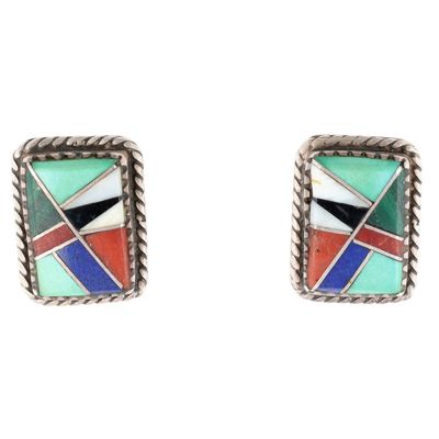Calvin Begay Navajo Sterling Multi-Stone Inlay Earrings