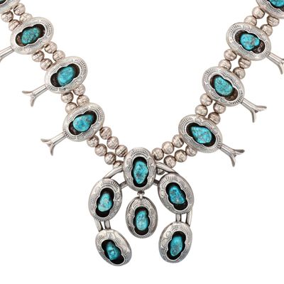 Signed Navajo Sterling Turquoise Stamped Shadow Box Squash Blossom Necklace