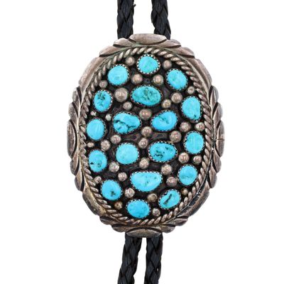 Vintage Jerry Cowboy Navajo Sterling Turquoise Cluster Bolo Tie