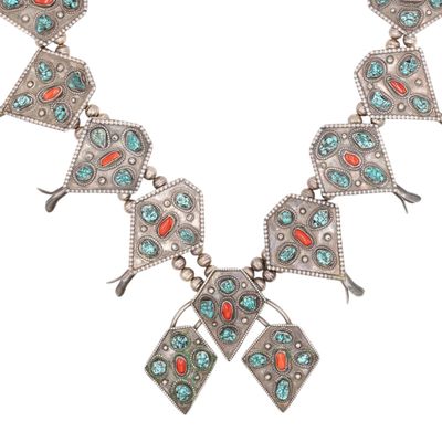 Huge Vintage Navajo Sterling Turquoise Coral Squash Blossom Necklace