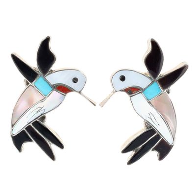 Signed Zuni Sterling Multi-Stone Inlay Hummingbird Earrings
