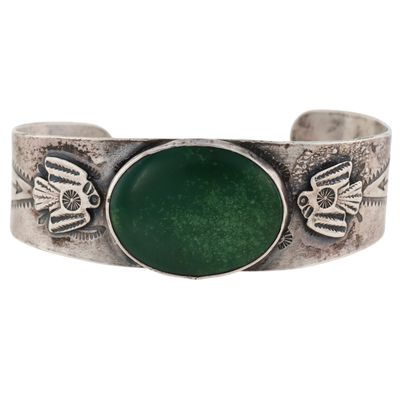 Fred Harvey Era Sterling Green Turquoise Thunderbird Cuff Bracelet