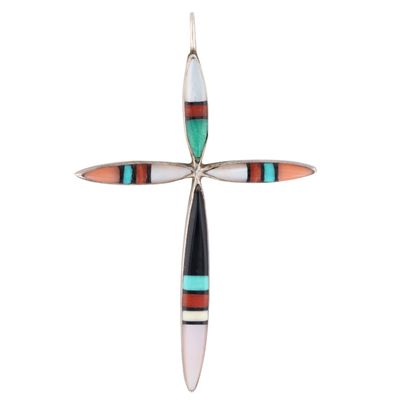 Lynette Bowannie Zuni Sterling Multi-Stone Inlay Cross Pendant