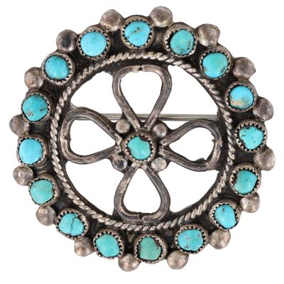 Vintage Zuni Sterling Turquoise Snake Eye Brooch