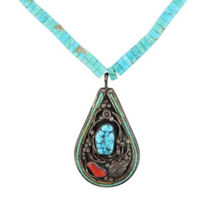 Vintage Signed Navajo Sterling Turquoise Coral Necklace