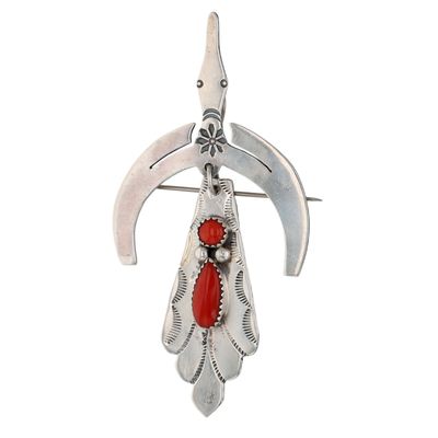 Navajo Sterling Coral Stamped Waterbird Dangle Pendant/Brooch