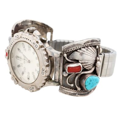Vintage Signed Navajo Sterling Turquoise Coral Watch Bracelet