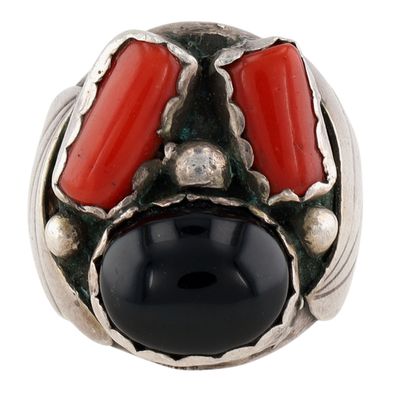 Vintage Navajo Sterling Coral Onyx Ring Sz 6
