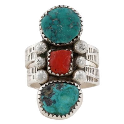 Richardson's Trading Post: Signed Navajo Sterling Turquoise Coral Ring Sz 8.5