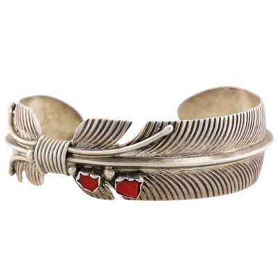 Signed Navajo Sterling Coral Feather Cuff Bracelet