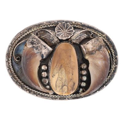 Vintage Navajo Sterling Bear Claw Scrimshaw Belt Buckle