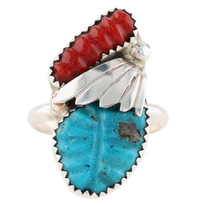 Loyolita Tsattie Zuni Sterling Turquoise Coral Ring Sz 9
