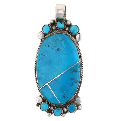 Signed Navajo Sterling Turquoise Inlay Pendant