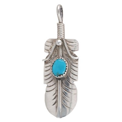 Signed Navajo Sterling Turquoise Feather Pendant