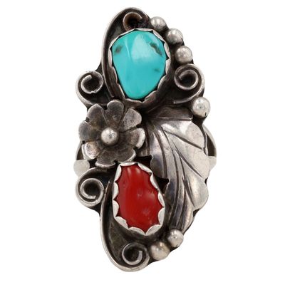 Navajo Sterling Turquoise Coral Ring Sz 5