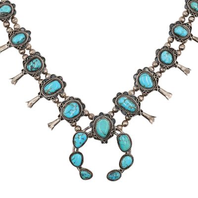 Vintage Navajo Sterling Turquoise Squash Blossom Necklace
