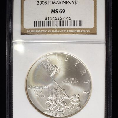 Sale Photo Thumbnail #389: 2005-P $1 COMMEM MARINES NGC MS69