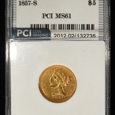 Sale Photo Thumbnail #445: 1857-S $5 LIBERTY GOLD PCI BU