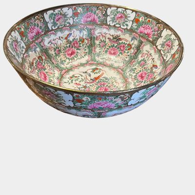 A large famille rose 'bird and flower' punch bowl, mid-20th century or later