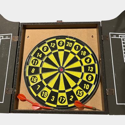 American Knight of Arms Reversible Dartboard Set in Wooden Cabinet