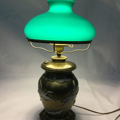 Sale Photo Thumbnail #146: Vintage Crane Themed Lamp Green Glass Shade
