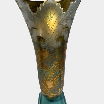 Kristal Art Iridescent Glass Vase with Acid Etched Leaf Decoration and Salvatore Polizzi Signature