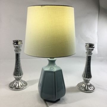 Sale Photo Thumbnail #125: Blue ceramic table lamp with white shade