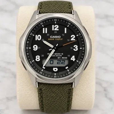 Casio Wave Ceptor Multi Band 6 Tough Solar Ana-Digi Watch with Green Canvas Strap