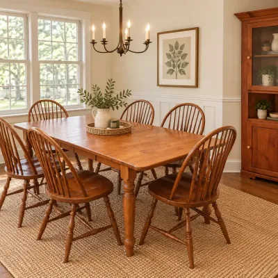 Solid Wood Dining Table With Six Windsor Spindle Back Chairs And Corner Hutch