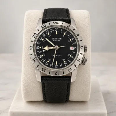 Vintage Glycine Airman Automatic 24-Hour Pilot Watch, Black Dial, Stainless Steel, Swiss Made